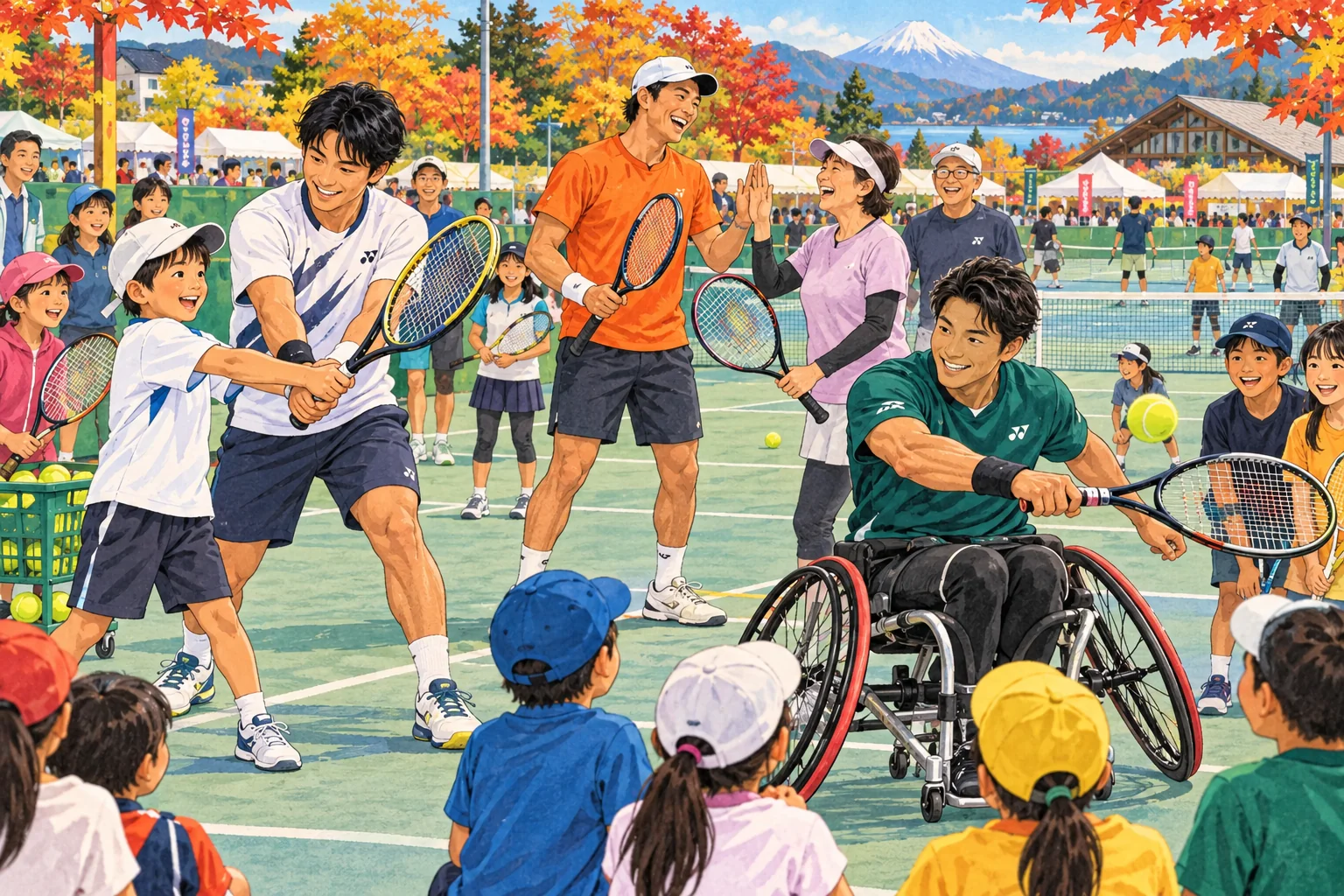 立位のテニスプロ2人と競技用車いすのテニスプロが、子どもや大人と笑顔で交流するイラスト。